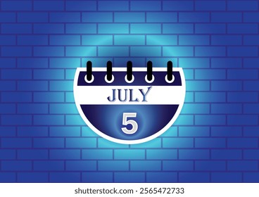 A graphic design of a calendar page showing July 5th.  The page is circular and blue, set against a textured blue brick wall. The overall aesthetic is modern and minimalist.