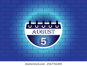 A graphic design of a calendar page showing August 5th.  The page is circular and blue, set against a textured blue brick wall. The overall aesthetic is modern and minimalist.