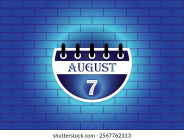 A graphic design of a calendar page showing August 7th.  The page is circular and blue, set against a textured blue brick wall. The overall aesthetic is modern and minimalist.