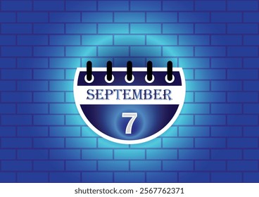 A graphic design of a calendar page showing September 7th.  The page is circular and blue, set against a textured blue brick wall. The overall aesthetic is modern and minimalist.