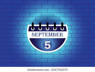 A graphic design of a calendar page showing September 5th.  The page is circular and blue, set against a textured blue brick wall. The overall aesthetic is modern and minimalist.