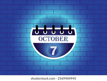 A graphic design of a calendar page showing October 7th.  The page is circular and blue, set against a textured blue brick wall. The overall aesthetic is modern and minimalist.