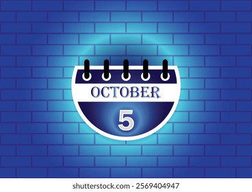 A graphic design of a calendar page showing October 5th.  The page is circular and blue, set against a textured blue brick wall. The overall aesthetic is modern and minimalist.