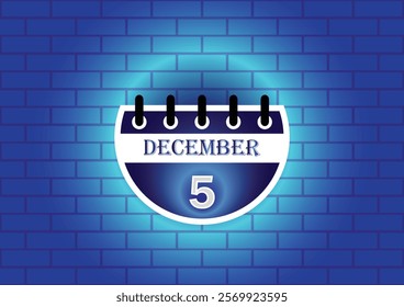 A graphic design of a calendar page showing December 5th.  The page is circular and blue, set against a textured blue brick wall. The overall aesthetic is modern and minimalist.