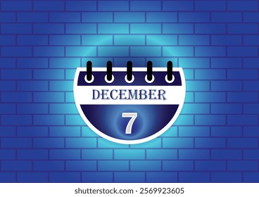 A graphic design of a calendar page showing December 7th.  The page is circular and blue, set against a textured blue brick wall. The overall aesthetic is modern and minimalist.