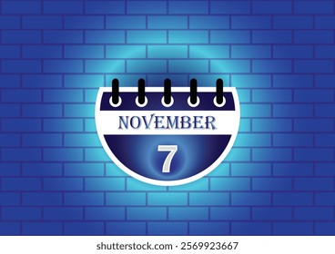 A graphic design of a calendar page showing November 7th.  The page is circular and blue, set against a textured blue brick wall. The overall aesthetic is modern and minimalist.