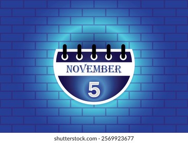 A graphic design of a calendar page showing November 5th.  The page is circular and blue, set against a textured blue brick wall. The overall aesthetic is modern and minimalist.