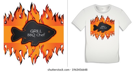 Graphic design of carp BBQ and grill t-shirts, grilled fish on fire, blackboard with chalk text vector