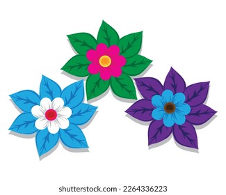 graphic design cartoon illustration of three colorful flowers and leaves around them consisting of a combination of several colors with a shadow effect on each flower