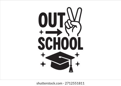 Un Diseño gráfico que celebra el final de la escuela con una gorra, un letrero de mano y un texto.
