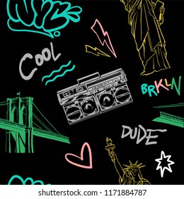 Graphic design colorful seamless pattern with different elements from New york city like buildings graffiti boombox for fashion trendy textile print t shirt sweatshirt accessories poster sticker.