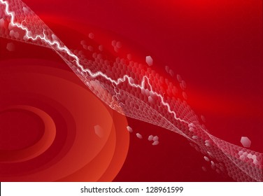 Graphic design concept; an abstract red background with hexagons and electric lightning strike