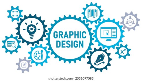 Graphic design concept banner web website icons vector illustration concept with icons of creativity, typography, layout, print, web, illustration, communication, on white background, solid icons,