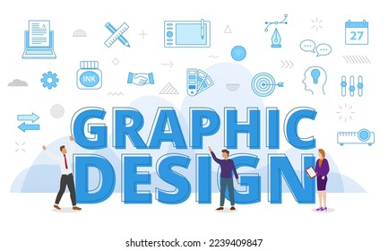 graphic design concept with big words and people surrounded by related icon spreading with modern blue color style
