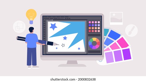 Graphic design concept. Character with a big pen and graphic editor. Colorful flat vector drawing.