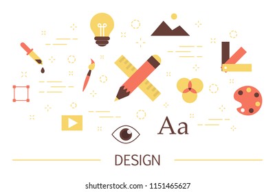 Graphic design concept. Creative thinking and computer technology. From idea to product. Set of colorful art icons. Isolated flat vector illustration