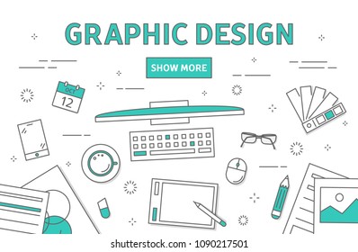 Graphic design concept. Desk with drawing equipment.