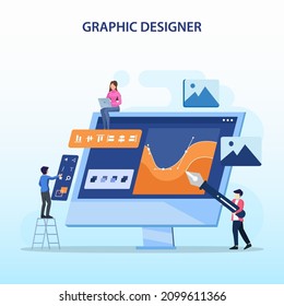 Graphic design concept. Digital designers team drawing with pen on computer monitor. Flat vector template style Suitable for Web Landing Pages.