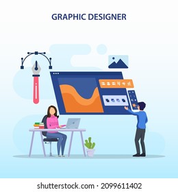 Graphic design concept. Digital designers team drawing with pen on computer monitor. Flat vector template style Suitable for Web Landing Pages.