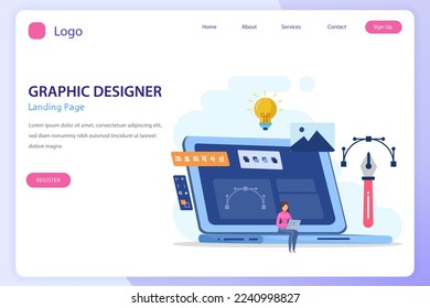 Graphic design concept. Digital designers team drawing with pen on computer monitor. Flat vector template style Suitable for Web Landing Pages.