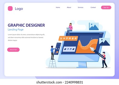 Concepto de diseño gráfico. El equipo de diseñadores digitales dibuja con lápiz en el monitor de computadora. Estilo de plantilla de vector plano Adecuado para páginas de aterrizaje web.