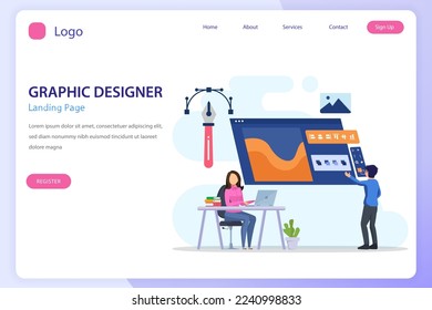Graphic design concept. Digital designers team drawing with pen on computer monitor. Flat vector template style Suitable for Web Landing Pages.