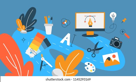 Graphic design concept. Drawing illustration for website on the computer. Idea of creative thinking. Working as designer. Set of colourful icons. Abstract flat vector illustration