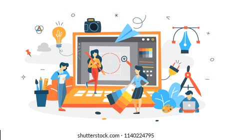 Graphic design concept. Group of little people drawing an illustration on the computer for website.