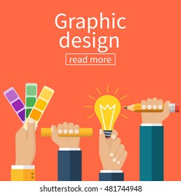 Graphic design concept. Group team of designers hold in hand tools for drawing. Creative idea. Vector illustration flat design.