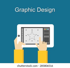 Graphic design concept illustration flat design. Designing vector object on gadget concept.