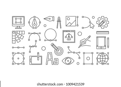 Graphic design concept line horizontal banner. Vector illustration made with design outline icons