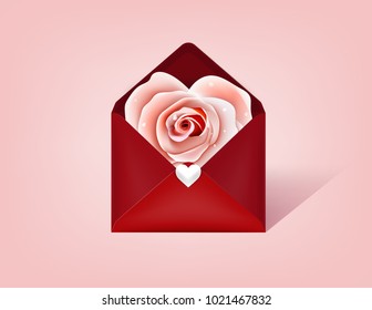 graphic design concept of love valentine's day, beautiful realistic rose in red envelope on pink background