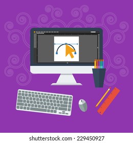 Graphic design concept of modern web design, in flat style work place with of graphic designer items and tools, office various objects and equipment. vector illustartions