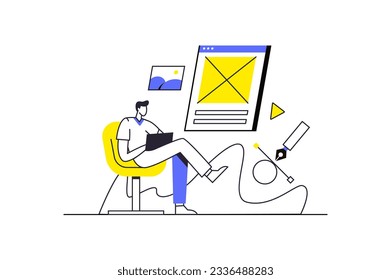 Graphic design concept with people scene in the flat cartoon style. The designer creates graphics for the project. Vector illustration.