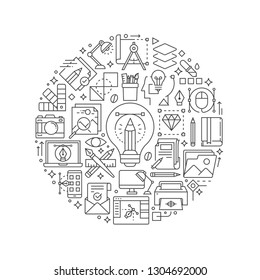 Graphic design concept in thin flat illustration. Creative process line icons in round shape isolated vector illustration. Round design element with graphic design icons - Vector