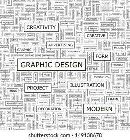 GRAPHIC DESIGN. Concept vector illustration. Word cloud with related tags and terms. Graphic tag collection. Wordcloud collage. 