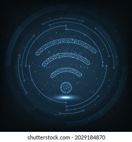 Graphic design concept of wifi connecting.Futuristic glowing low polygonal wifi symbol on dark blue background.Wireless technology, communication.