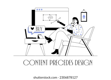 Graphic design concept wit people scene in the flat cartoon design. A graphic designer draws sketches using a tablet. Vector illustration.