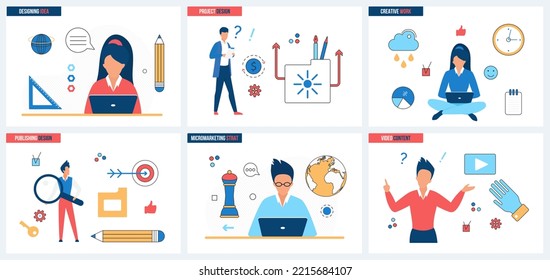 Graphic design, content strategy set vector illustration. Cartoon process of ideas creation in studio agency, creative artwork and video concept for banner, website design or landing web page