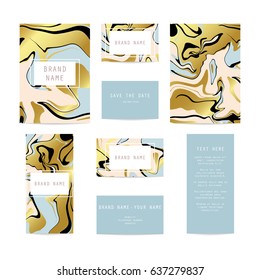 Graphic design corporate identity kit. Abstract background with stationary liquid effect, marbled ink splash, golden foil for business card, poster, greeting card, post cards. Futuristic template set