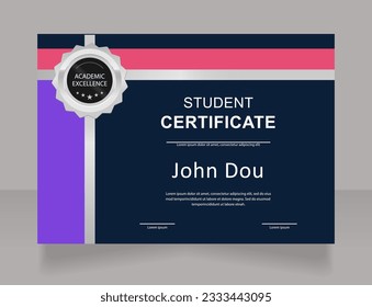 Plantilla de diseño de certificado de estudiante de curso de diseño gráfico. Diploma vectorial con espacio de copia personalizado y fronteras. Documento impreso para premios y reconocimiento. Fuentes Arial, Myriad Pro utilizadas