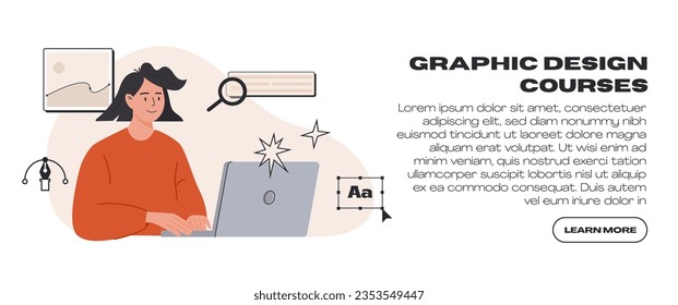Graphic design course web banner landing page template. Designer working on computer. Creative digital illustrator at work drawing at graphic editor. Freelancer working on laptop. Vector illustration.