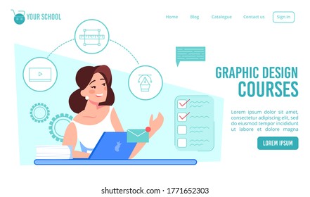 Graphic design courses. Online art school landing page template. Woman student future designer studying on laptop learning new creative profession improving skills. Remote education, e-learning