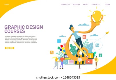 Graphic design courses vector website template, web page and landing page design for website and mobile site development. Online graphic design classes, school concept.