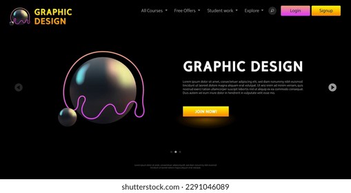 Graphic Design Courses Website Template on Black Background. Vector clip art for your education project in modern style design.