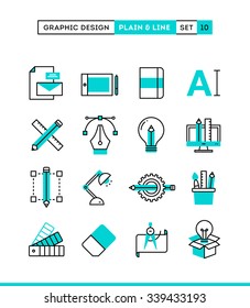 Graphic Design, Creative Package, Stationary, Software And More. Plain And Line Icons Set, Flat Design, Vector Illustration