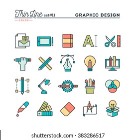 Graphic design, creative package, stationary, software and more, thin line color icons set, vector illustration
