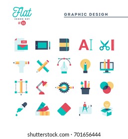 Graphic design, creative package, stationary, software and more, flat icons set, vector illustration
