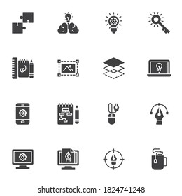 Graphic design & creative process vector icons set, modern solid symbol collection, filled style pictogram pack. Signs, logo illustration. Set includes icons as brainstorming idea, workflow, editing