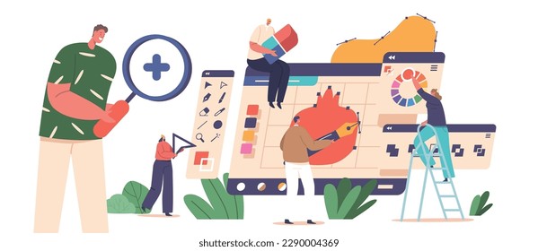 Graphic Design Creative Profession Concept With Tiny Male And Female Designer Characters Drawing On Huge Computer